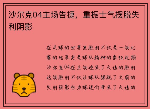 沙尔克04主场告捷，重振士气摆脱失利阴影
